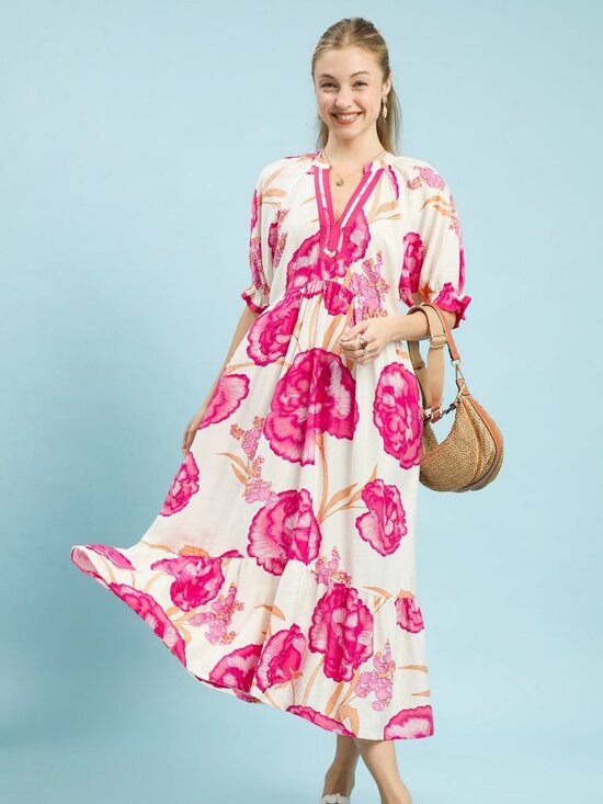 Umgee Dresses & Skirts - Floral Print Midi Dress Women Contrast Trim Elegant Casual Dress